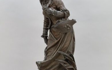 BRUCHON signé. Dame au panier de fleurs" sculpture en bronze - Hauteur 55,5 cm. (hauteur...