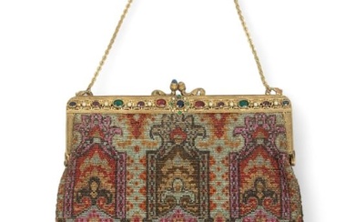 Beaded Fancy Evening Bag with Fringe Ca. 1900, H 10" W 8"