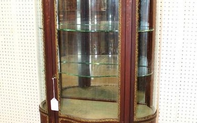 Beautiful antique French marquetry inlay serpentine display case with original glass shelves