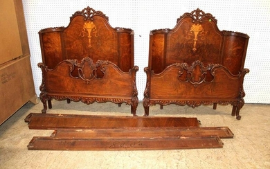 Beautiful pair of antique burl walnut with exotic wood inlay French style twin size bed with rails