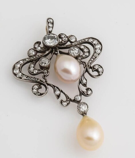 Belle Époque Yellow-Gold, Silver-Topped, Diamond and Pearl Pendant, Circa 1900