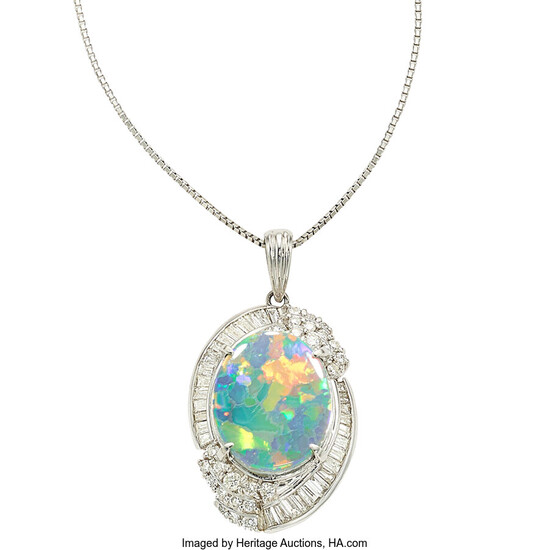 Black Opal, Diamond, Platinum Pendant-Necklace Stones: Black opal cabochon...
