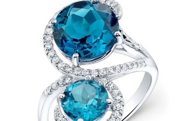 Blue Topaz 2-stone And Diamond Ring In 14k White Gold