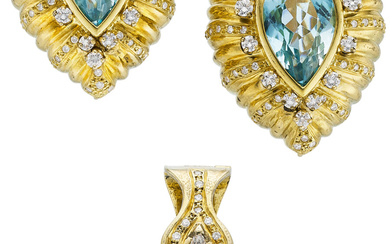 Blue Topaz, Diamond, Gold Jewelry Suite Stones: Pear-shaped blue...