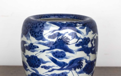 Blue and white porcelain jar Japanese painted with cranes in...