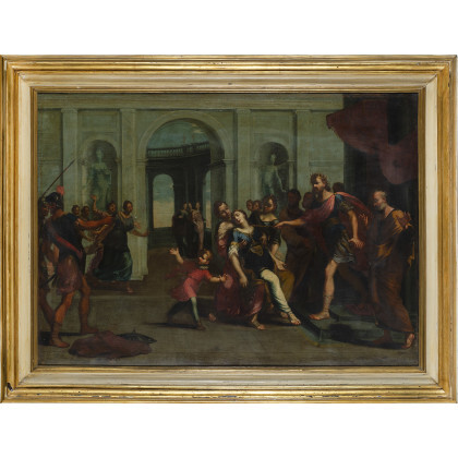 Bolognese school, early 18th century Esther before Ahasuerus Oil on canvas, 98.5x137 cm. Framed (defects and restorations)