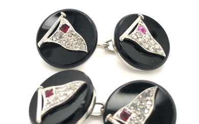 Boutons de manchette en platine-Onyx, rubis et diamants taille rose ISPF2065/9 - LSY DESCRIPTION DU...