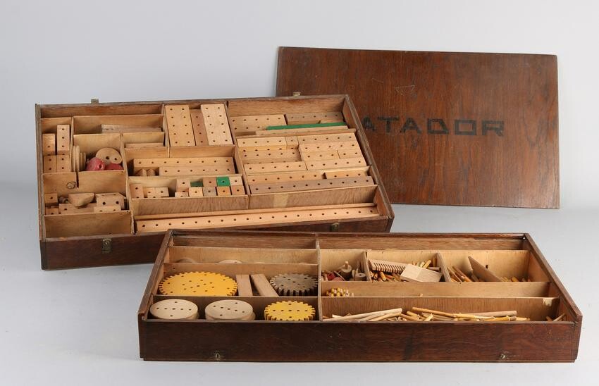 Box full of old Matador wooden construction toys. With