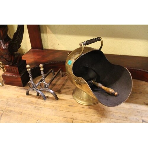 Brass Helmet Coal Scuttle with Shovel together with a pair o...