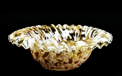 Brides Bowl, Cased Art Glass W/White & Amber Spatter
