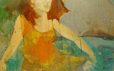 British School, mid/late 20th century- Portrait of a woman wading in shallow water; oil and mixed technique on board, 96 x 75 cm