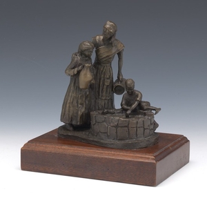 Bronze Figural Group, Mother and Children, on Wood Pedestal