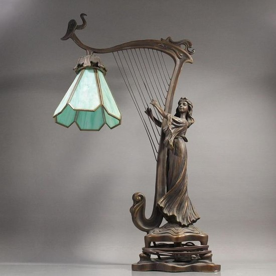 Bronze Lamp Woman Playing Harp Slag Glass Panel Shade