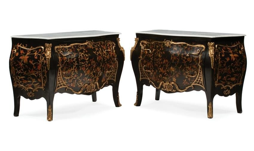 Bronze-Mounted Marquetry Bombé Commodes