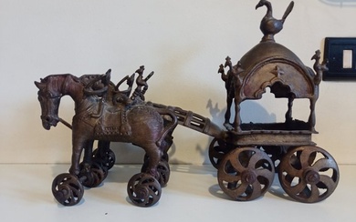 Bronze chariot with two horses and canopy - 40 x 28 x 15 cm - Bronze - India - late 19th century