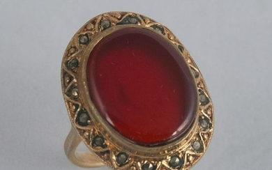 Bronze oval carnelian stone and marksite ring, size 9
