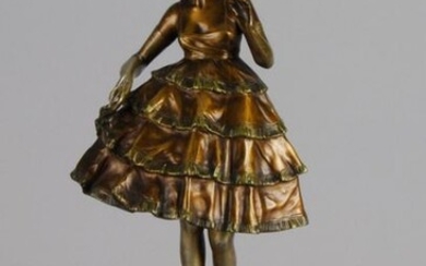 Bruno Zach (1891 ~ 1935) Art Deco bronze Party Girl in period dress on marble oval base. Signed Zach. Circa 1925 - Height 38cm.