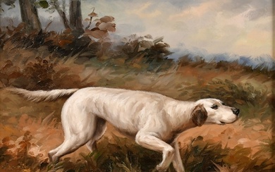 C. Harrison (20th Century), a dog in a landscape, oil on pan...
