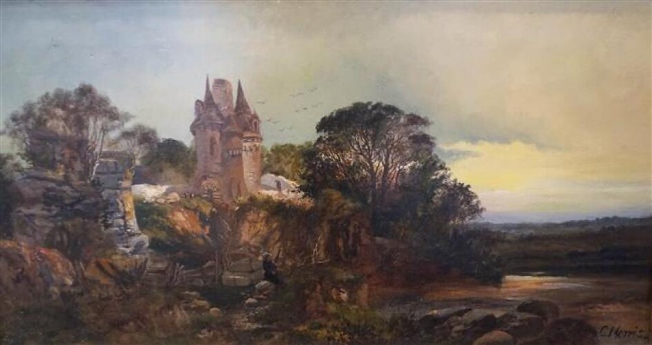 C. Morris, European School, Late 19th-Early 20th Century, River Landscape with Castle and Figures, Oil on Canvas, Framed, 21-1/2 x 34