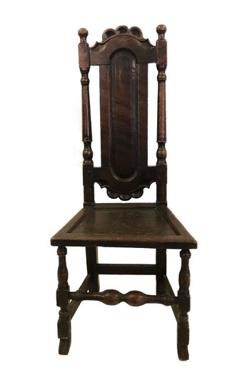 C17th Oak Side Chair, top with frilled carving, turned colum...