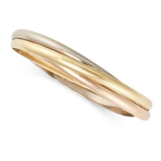CARTIER, A TRINITY DE CARTIER BANGLE in 18ct yellow, white and rose gold, designed as a trio of