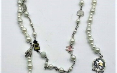 CHANEL Faux Pearl Double Strand Necklace with Charms