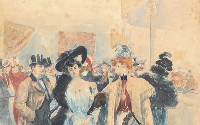 CHARLES BILLON (XIXe - XXe SIÈCLES). Le promenoir du Moulin Rouge, c. 1890. Aquarelle, signée...