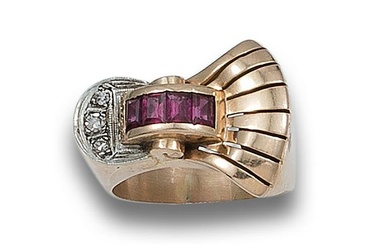 CHEVALIER RING, 40'S, DIAMONDS, SYNTHETIC RUBIES, YELLOW GOLD AND PLATINUM