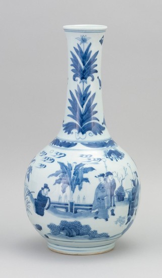 CHINESE BLUE AND WHITE PORCELAIN BOTTLE VASE In mallet form, with figural landscape decoration. Height 13.5".
