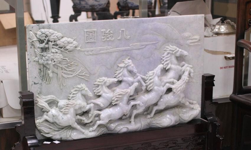 CHINESE CARVED JADE PLAQUE OF HORSES W/STAND
