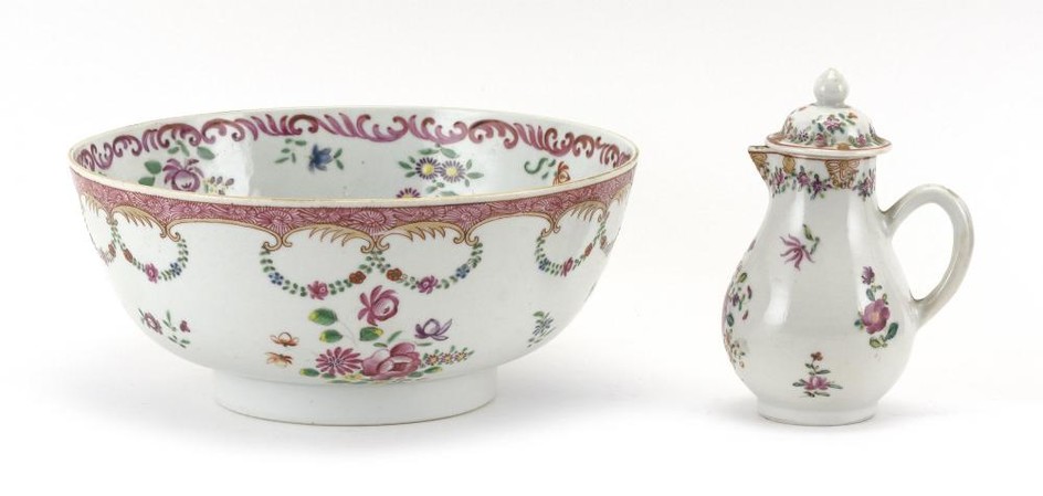 CHINESE EXPORT FAMILLE ROSE PORCELAIN BOWL Together with a covered cream pitcher with similar decoration. Height 5.5". Bowl with ros...