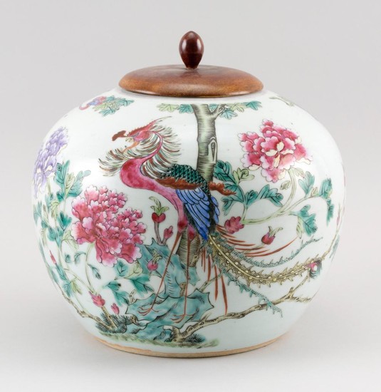 CHINESE FAMILLE ROSE PORCELAIN GINGER JAR Decoration of a phoenix in a peony garden. Height 8". With rosewood cover and stand.