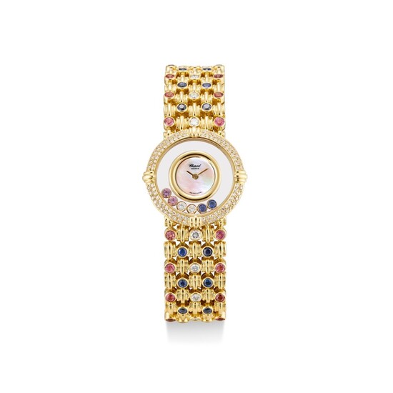 CHOPARD | HAPPY DIAMONDS, REFERENCE 20/5546 A YELLOW GOLD DIAMOND, SAPPHIRE AND PINK SAPPHIRE-SET BRACELET WATCH WITH MOTHER-OF-PEARL DIAL, CIRCA 2008