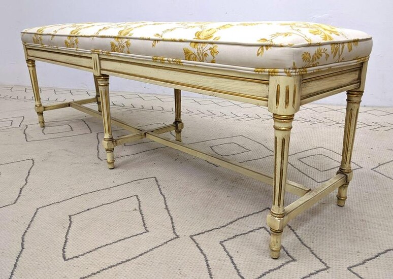 CLAUDE MOULIN French Upholstered Painted Bench. Antiqu