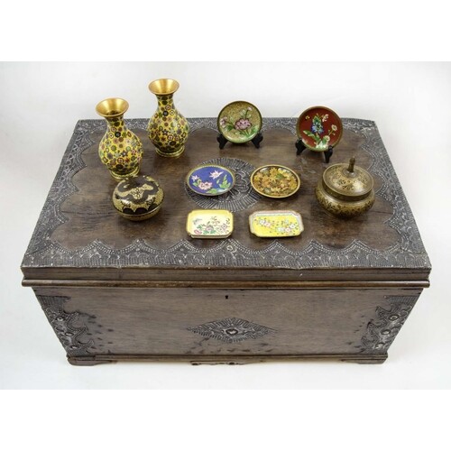 CLOISONNE DRAGON BOX, along with a pair of vases, six enamel...