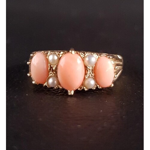 CORAL AND SEED PEARL RING the three graduated oval cabochon ...