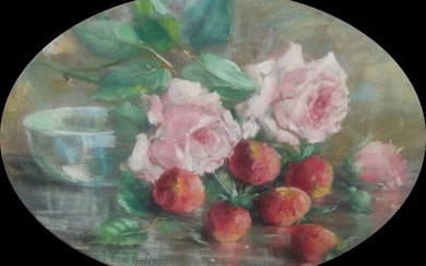 Camille Van Mulders (1868-1949) - Stilleven rozen en aardbeien