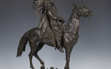 Carl Kauba - Indian Chief on Horseback, an early 20th century Austrian brown patinated cast bronze e