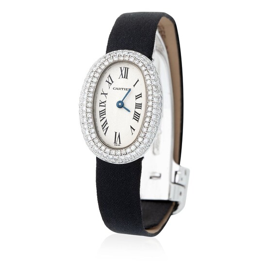 Cartier. Elegant Baignoire Oval Shape Wristwatch in White Gold and Diamonds, With Silver Roman Numbers Dial, box, papers and additional straps