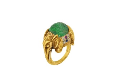 Cartier Gold, Carved Emerald, Ruby, Sapphire and Diamond Elephant Ring