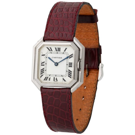 Cartier. Special Ceinture Octagonal-Shaped Wristwatch in White Gold, With Enameled Roman Numbers Dial.