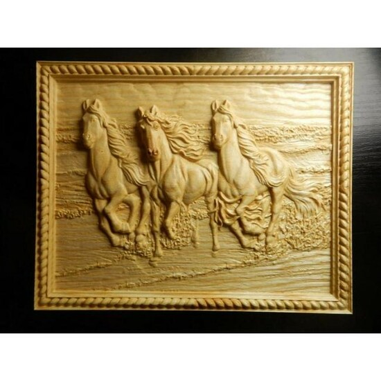 Carved Wood Wild Running Horses Plaque