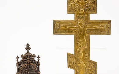 Cast Iron and Porcelain Painted Icon and Russian Cross