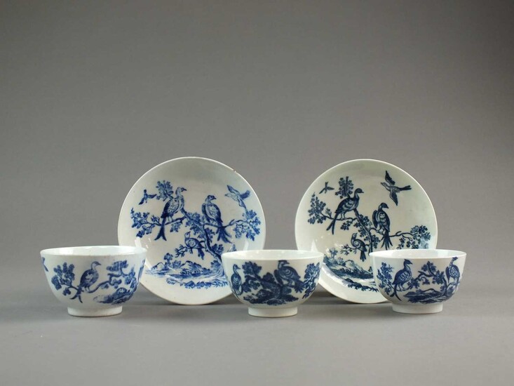 Caughley, Coalport and Worcester 'Birds in Branches' tea bowls and two saucers