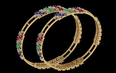Certified 12.34 Ctw SI2/I1 Multi Emerald,Ruby,Sapphire And Diamond 14K Yellow Gold Bangles