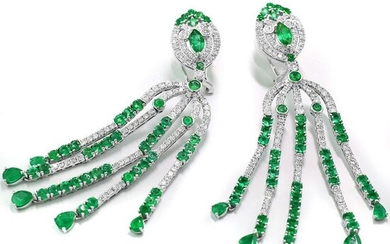 Chandeliers Smaragd Diamant Ohrringe 10,34 ct Intense Green mit ALGT-Expertise - 18 kt. White gold - Earrings - 7.40 ct - Diamonds