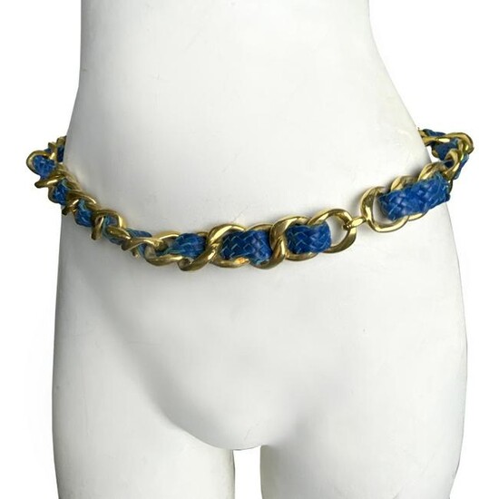 Chanel Gold Chain Blue Lab Skin Leather Belt 31"