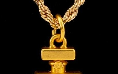 Chanel gold-tone metal necklace with rope chain and Chanel Number 5 perfume bottle pendant, Fall
