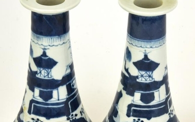 Chinese Canton Blue & White Porcelain Candlesticks