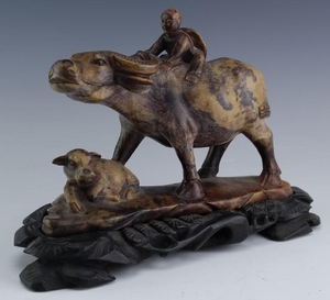 Chinese Carved Soapstone Buffalo w Rider Sculpture